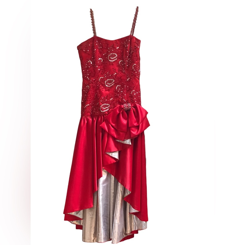 Vintage 90s Custom Handmade Red Satin Prom Evening Dress With Beads Sequin